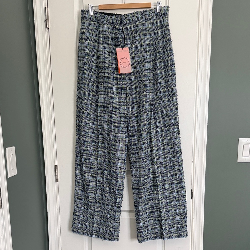STINE GOYA Blue & Green Pleated Textured Plaid Wide-Leg Pants